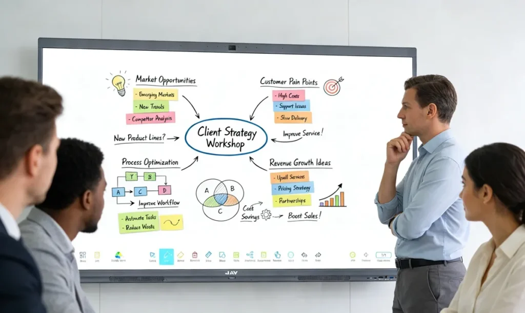 image of a consulting team brainstorming using the jav board 10 interactive display
