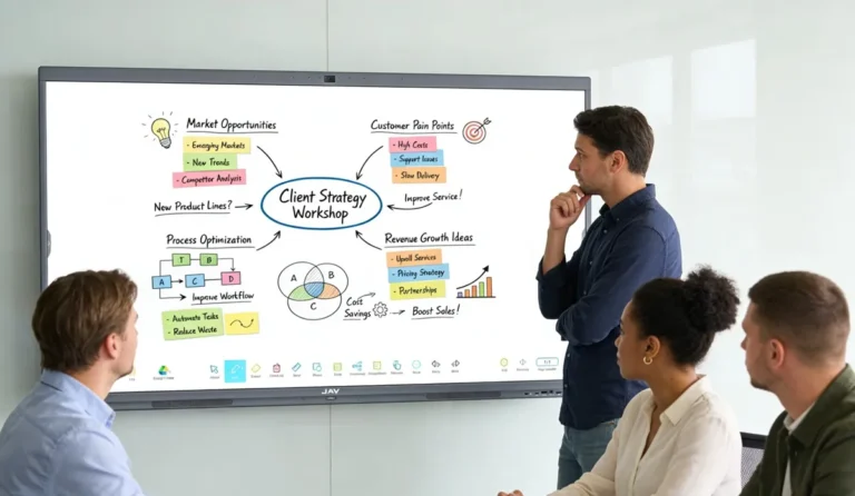 image of a consulting team brainstorming using the jav board 10 interactive display