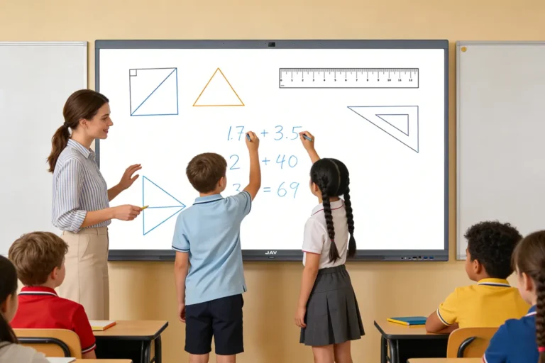 Two primary school students standing at an interactive whiteboard solving math problems together. The screen shows geometric shapes, rulers, and handwritten numbers created digitally.