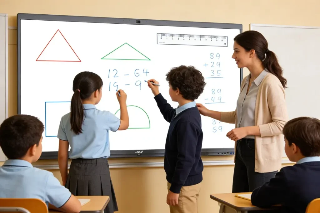 Two primary school students standing at an JAV Board 10 interactive whiteboard solving math problems together. The classroom setup screen shows geometric shapes, rulers, and handwritten numbers created digitally.