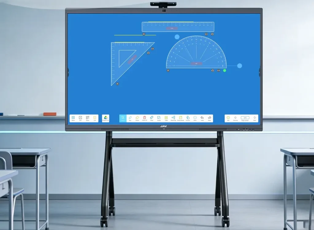 JAV board 10 interactive whiteboard classroom setup using whiteboard app math teaching tools.