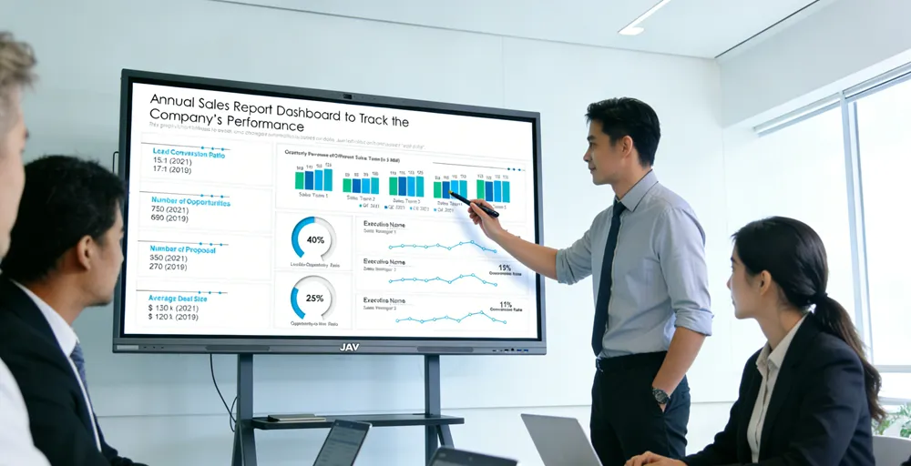 A modern meeting room with a large JAV Board 10 Smart Board for business at the center. The smart board is wirelessly connected, and team members are actively collaborating, with one person using a stylus to annotate a presentation on the board. Remote employees are visible on the screen