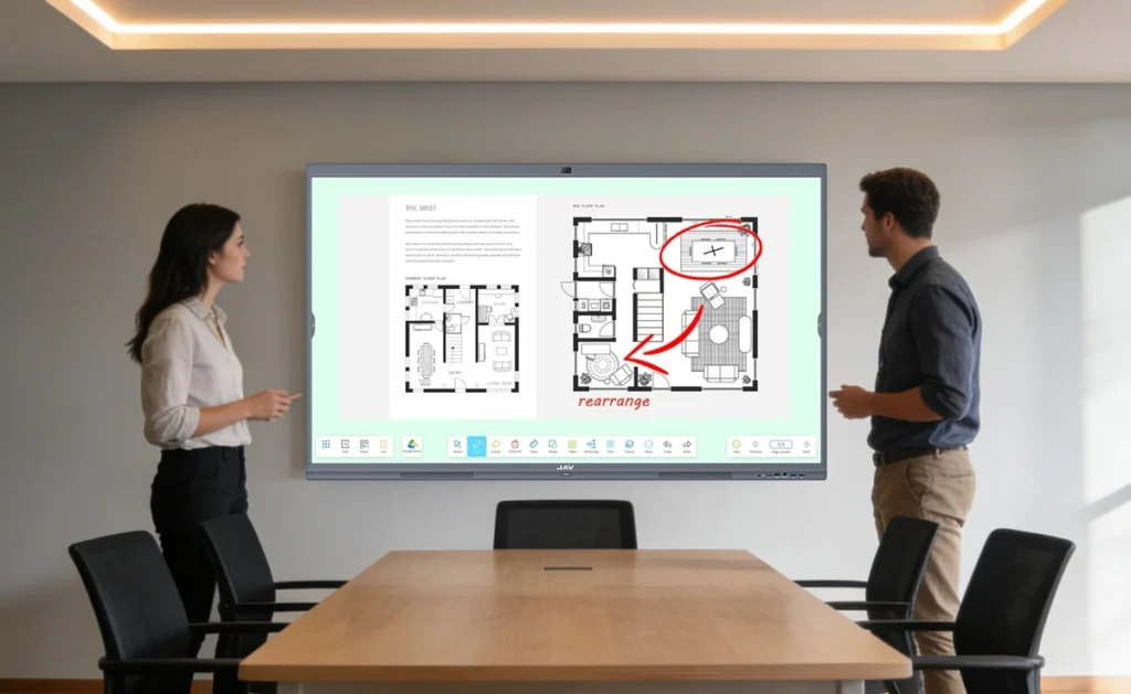 صورة لفريق تصميم داخلي يقوم بتدوين ملاحظات على مخطط طابق داخلي على شاشة العرض التفاعلية JAV Board 10