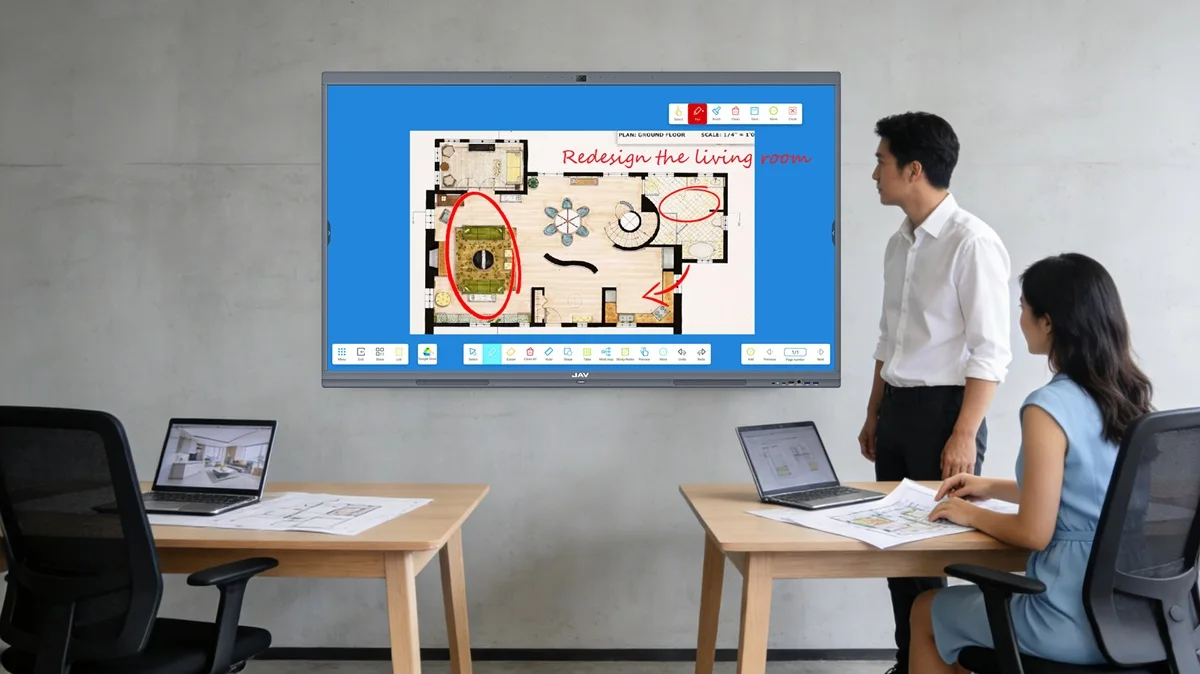 インテリアデザインのフロアプラン作成にデザイン会社で使用されるJAVインタラクティブディスプレイ