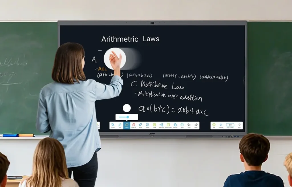 سبورة تفاعلية JAV Board 10 تُستخدم في فصل دراسي بمدرسة ابتدائية