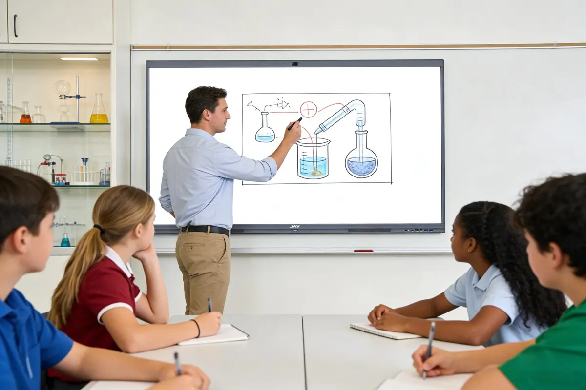 A modern hybrid classroom with a teacher using a large smart board for teaching at the front of the room.