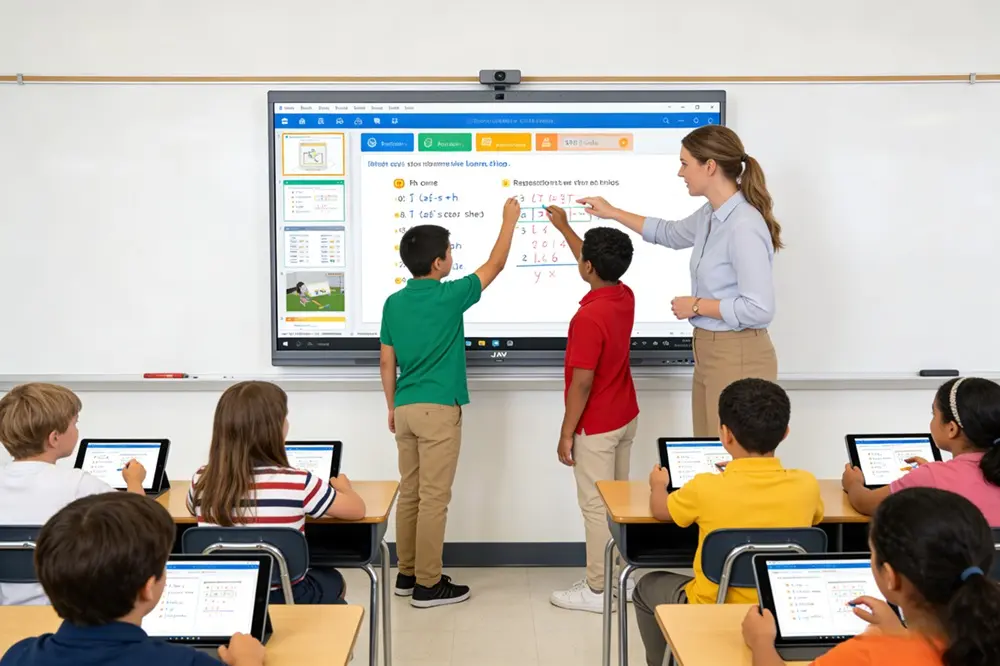 A modern hybrid classroom with a teacher using a large smart board for teaching at the front of the room. 