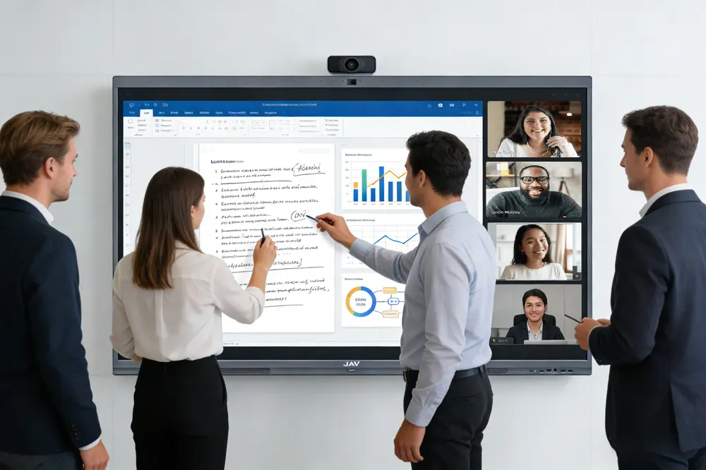 A hybrid meeting with attendees interacting on the JAV interactive flat panel display