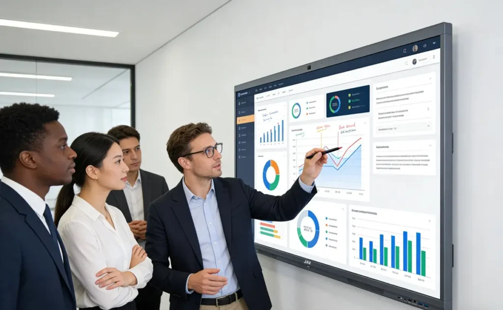 Business meeting scene featuring a JAV smart whiteboard for office at the center of the room. In-office team members are standing near the interactive display, one member annotating on the screen content.