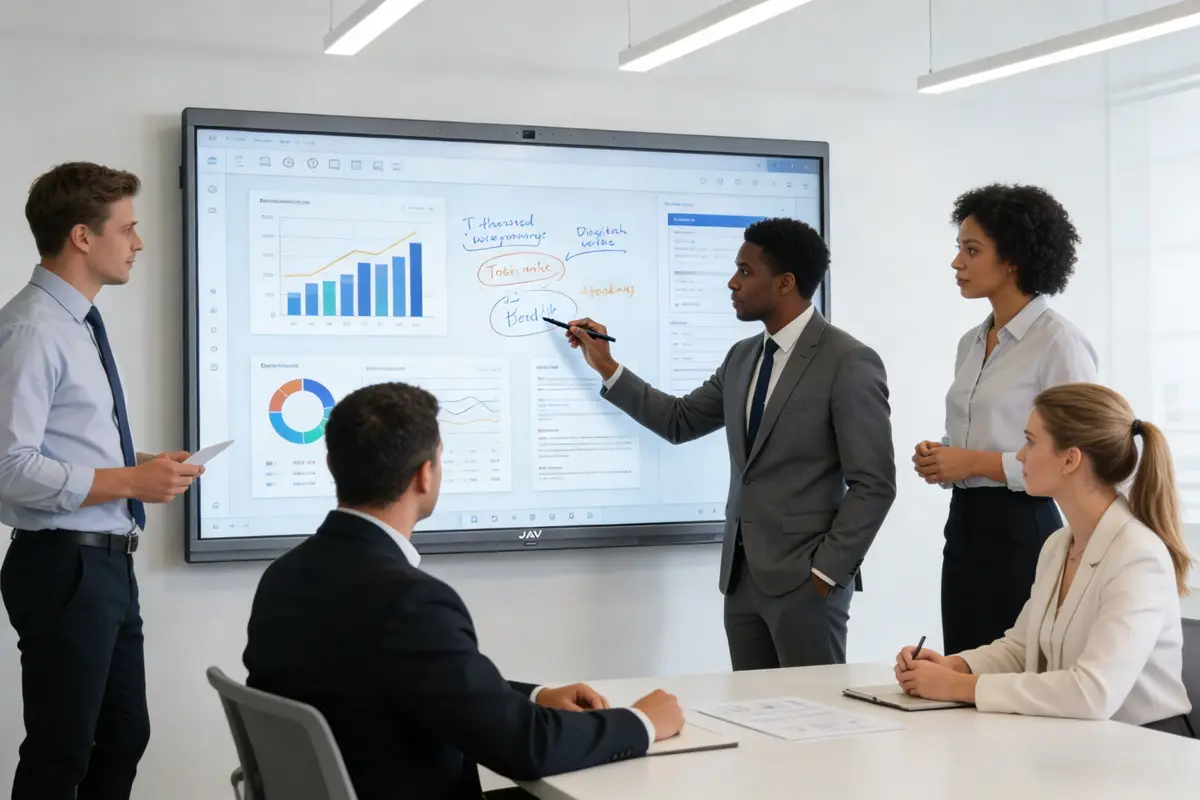Business meeting scene featuring a JAV smart whiteboard for office at the center of the room. In-office team members are standing near the interactive display