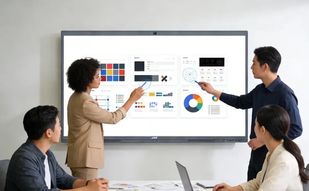 A modern branding agency meeting room with a large interactive display on the wall, designers and clients discussing branding concepts, clients touching and annotating designs on the screen