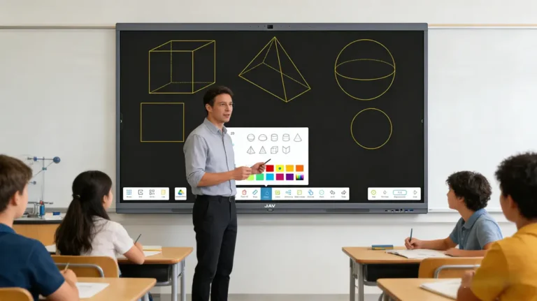 Image of a grade 6 math teacher using the JAV Interactive Whiteboard Board 10 for geometry teaching in a Grade 6 math class