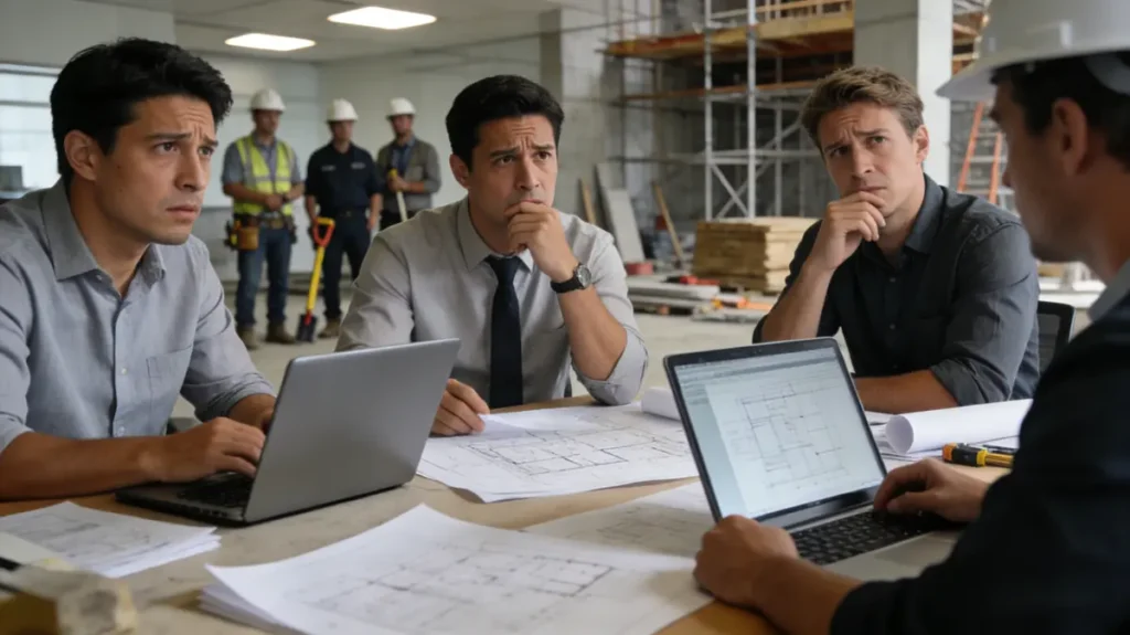 A professional architecture design meeting where miscommunication is visible, architects and engineers reviewing blueprints on laptops and paper documents, confused expressions, construction site in background with workers waiting