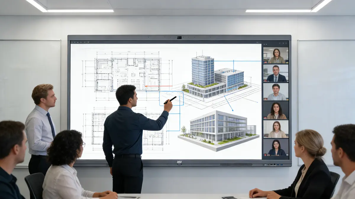 A modern design studio meeting room with a large interactive display on the wall showing architectural plans and 3D models, multiple professionals collaborating and annotating directly on the screen, one person using a digital pen, hybrid meeting with remote participants on screen