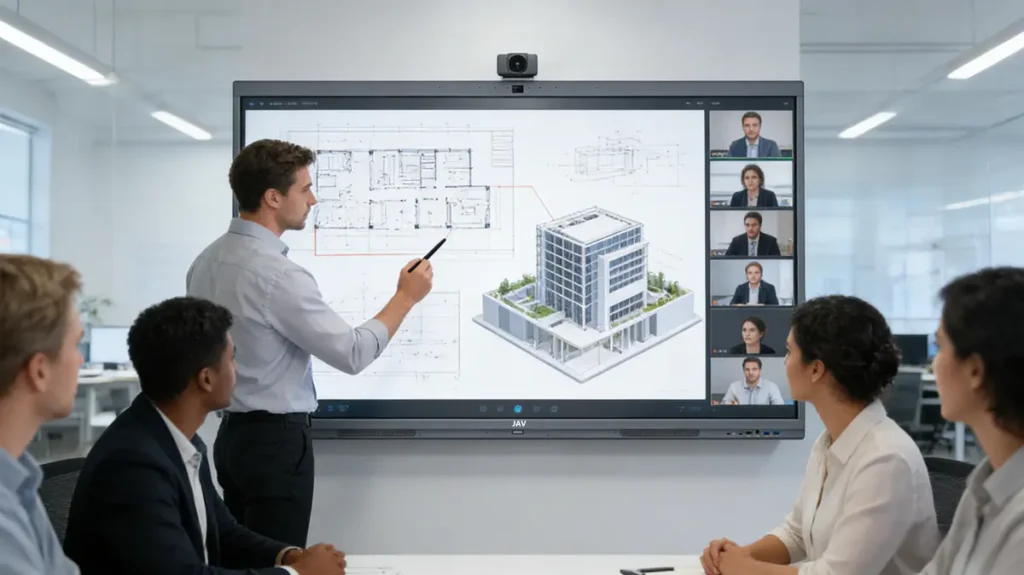 A modern design studio meeting room with a large JAV interactive display on the wall showing architectural plans and 3D models, multiple professionals collaborating and annotating directly on the screen, one person using a digital pen, hybrid meeting with remote participants on screen