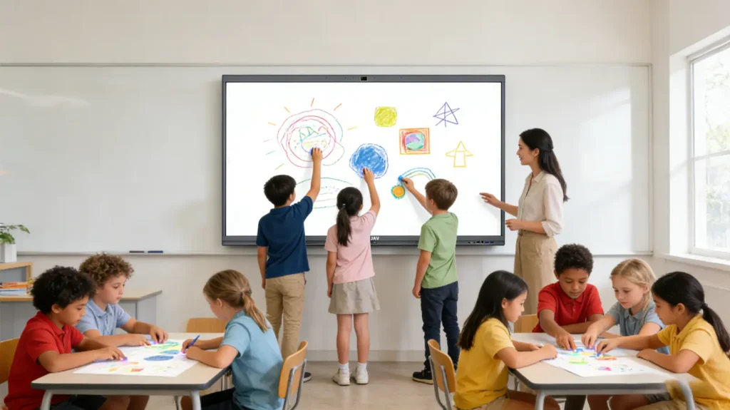A bright modern elementary school classroom arranged as a collaborative learning center. An interactive whiteboard mounted at the front acts as the central hub. Several primary school students stand and interact directly with the board, drawing and moving objects together.