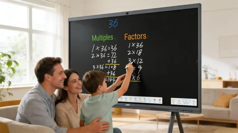 A bright, modern living room transformed into a learning at home space. A large JAV smart board mounted on the wall displaying colorful math exercises and handwritten notes. A child is writing on the touchscreen with a stylus while a parent stands nearby smiling and guiding. The screen shows a clean digital whiteboard interface with diagrams and vibrant pen colors.