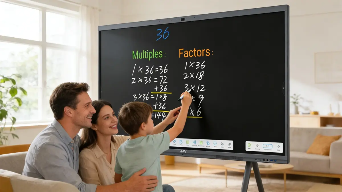 A bright, modern living room transformed into a learning at home space. A large JAV smart board mounted on the wall displaying colorful math exercises and handwritten notes. A child is writing on the touchscreen with a stylus while a parent stands nearby smiling and guiding. The screen shows a clean digital whiteboard interface with diagrams and vibrant pen colors.