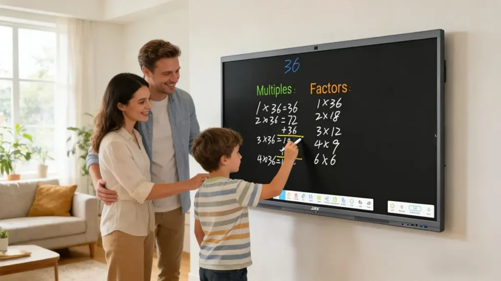 A bright, modern living room transformed into a learning at home space. A large JAV interactive whiteboard mounted on the wall displaying colorful math exercises and handwritten notes. A child is writing on the touchscreen with a stylus while a parent stands nearby smiling and guiding.