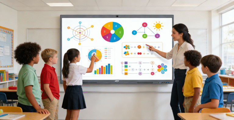 A modern elementary classroom with students engaging around a large smart board, showing colorful diagrams, math visuals, and animations. A teacher is pointing at the screen while students interact with touch.