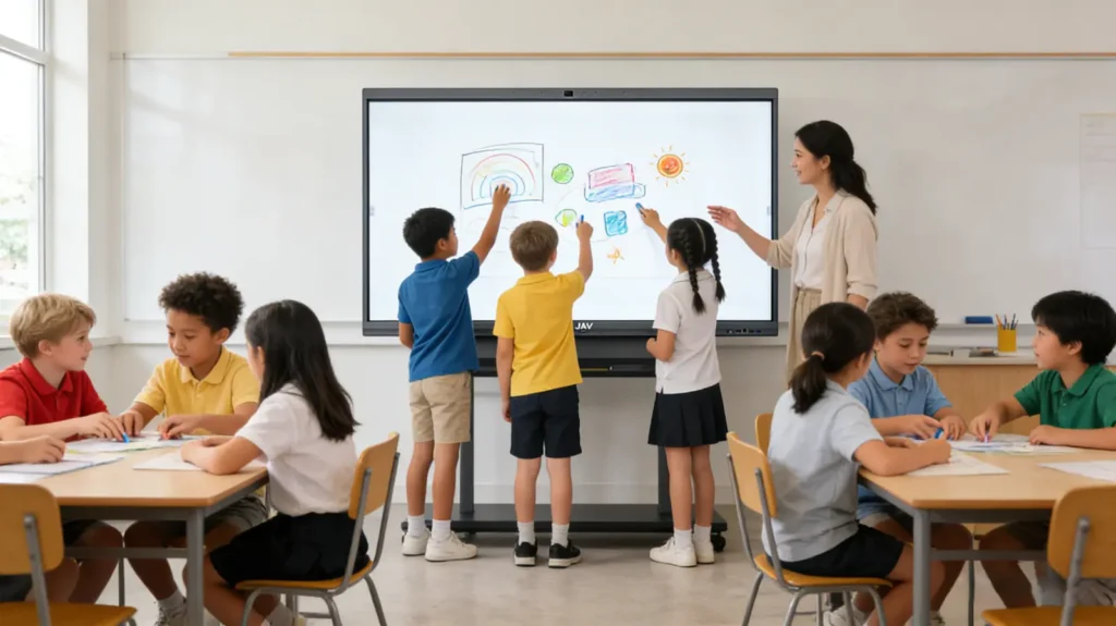 A bright modern primary school classroom arranged as a collaborative learning center. An interactive whiteboard mounted at the front acts as the central hub. Several primary school students (ages 7–10) stand and interact directly with the board, drawing and moving objects together.