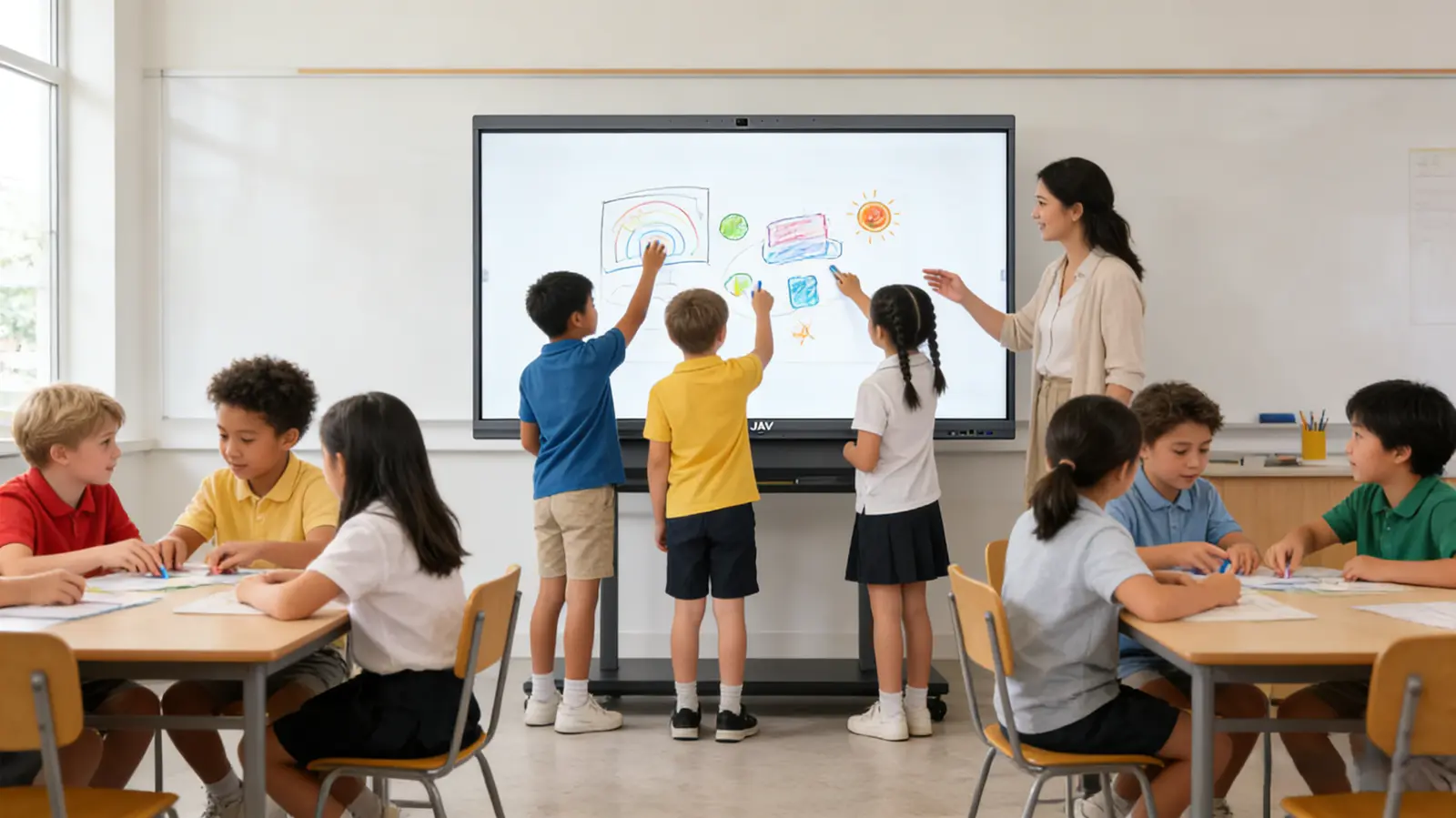 A bright modern primary school classroom arranged as a collaborative learning center. An interactive whiteboard mounted at the front acts as the central hub. Several primary school students (ages 7–10) stand and interact directly with the board, drawing and moving objects together.