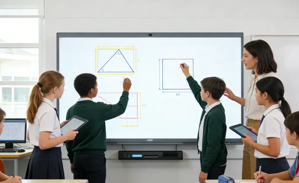 image of a group of Grade 6 students working together on a JAV interactive whiteboard to solve area and volume problems with the teather observing and providing guidance.