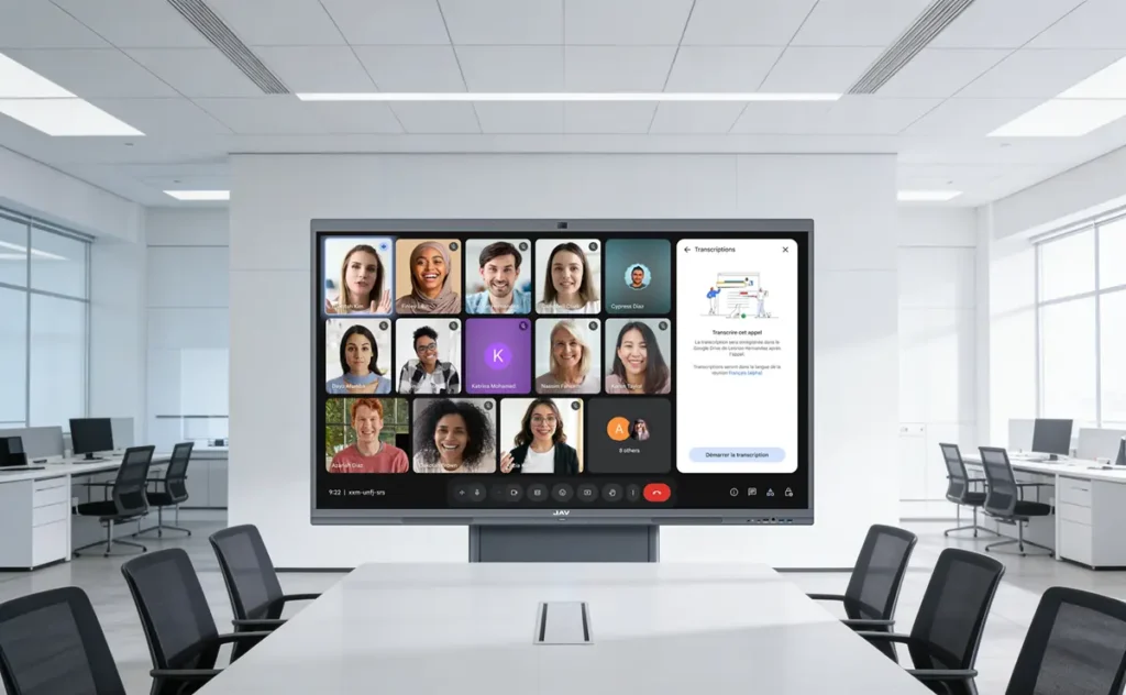 A modern conference room with a large smart board at the front, showing a video conference call with multiple participants. The JAV Board 10 Interactive Display used as a video conferencing system for conference room