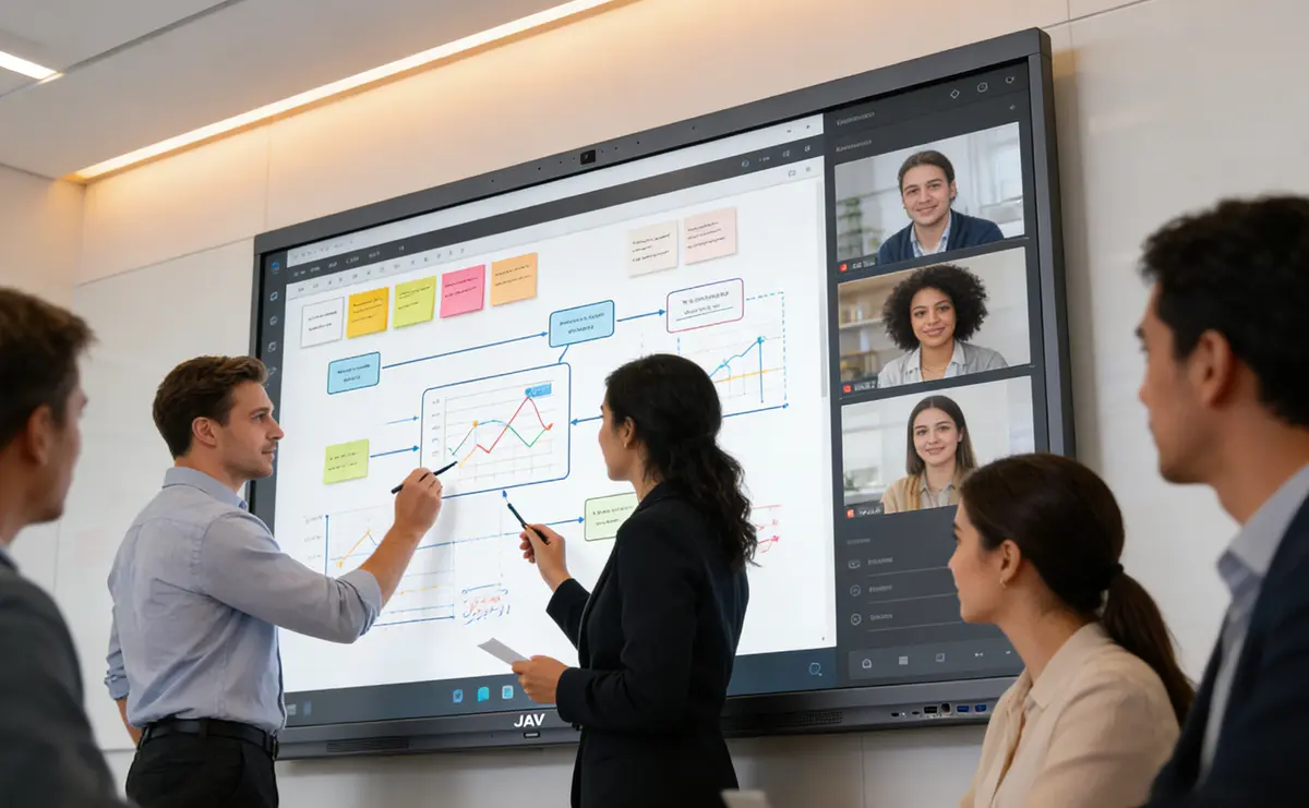 A modern meeting room with a JAV interactive display showing a digital workspace for visual collaboration, multiple team members brainstorming and drawing diagrams on the screen, sticky notes and flowcharts visible, hybrid meeting with remote participants on video call