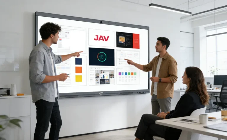 A modern creative agency meeting room, team presenting branding concepts using team collaboration tools on a large interactive display, designers collaborating and pointing at the screen