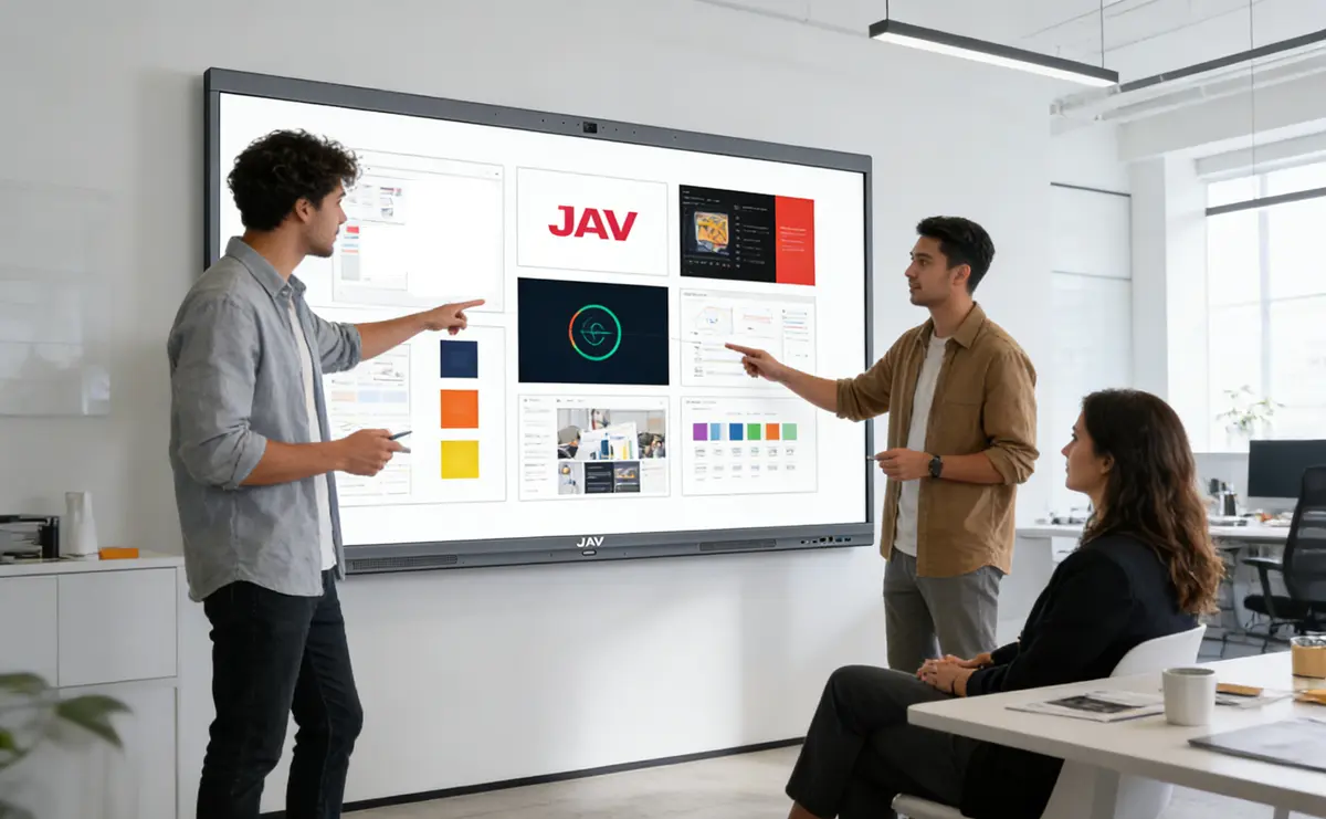 A modern creative agency meeting room, team presenting branding concepts using team collaboration tools on a large interactive display, designers collaborating and pointing at the screen