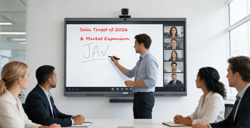 A modern hybrid meeting room with a large interactive display on the wall, several professionals sitting around a meeting table while remote team members appear on the screen in a video call. 