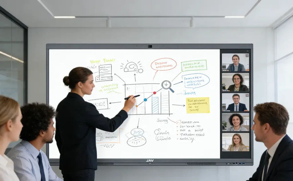 A business team collaborating in a meeting room using a large interactive display as a digital whiteboard. One person is writing ideas on the screen with a stylus while others watch and discuss.