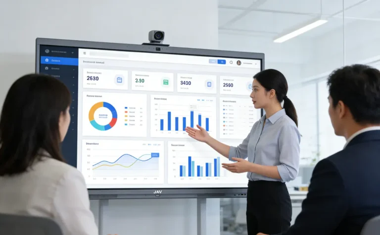 A modern business meeting room with a large interactive display showing a sales dashboard, a diverse sales team presenting to clients using collaboration tools for business