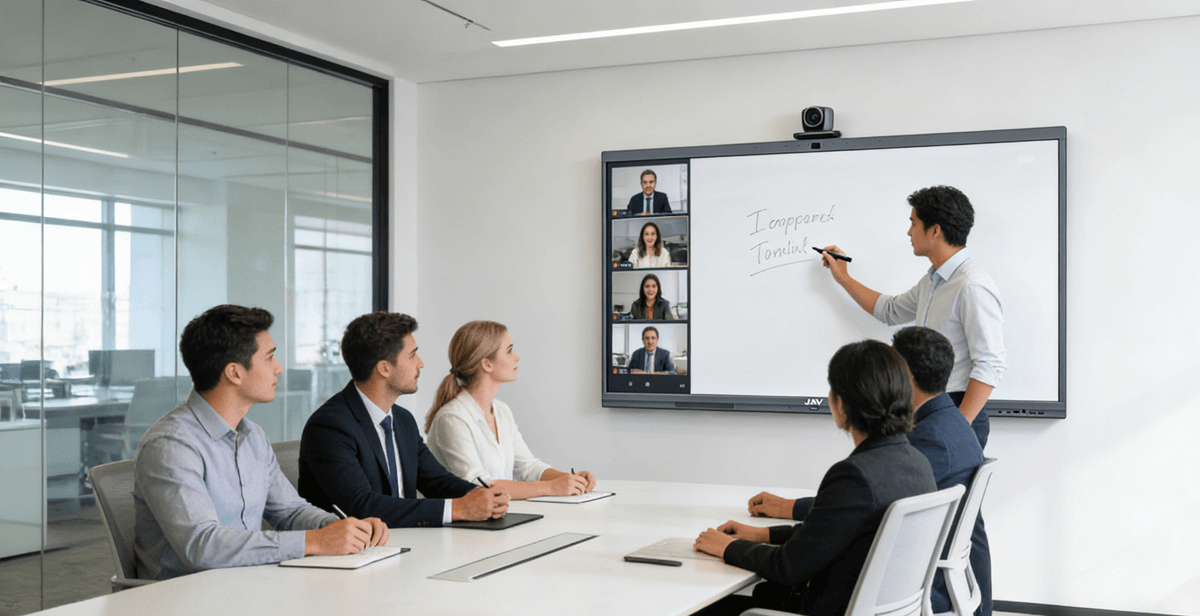 A modern hybrid meeting room with a large interactive display on the wall, several professionals sitting around a meeting table while remote team members appear on the screen in a video call.