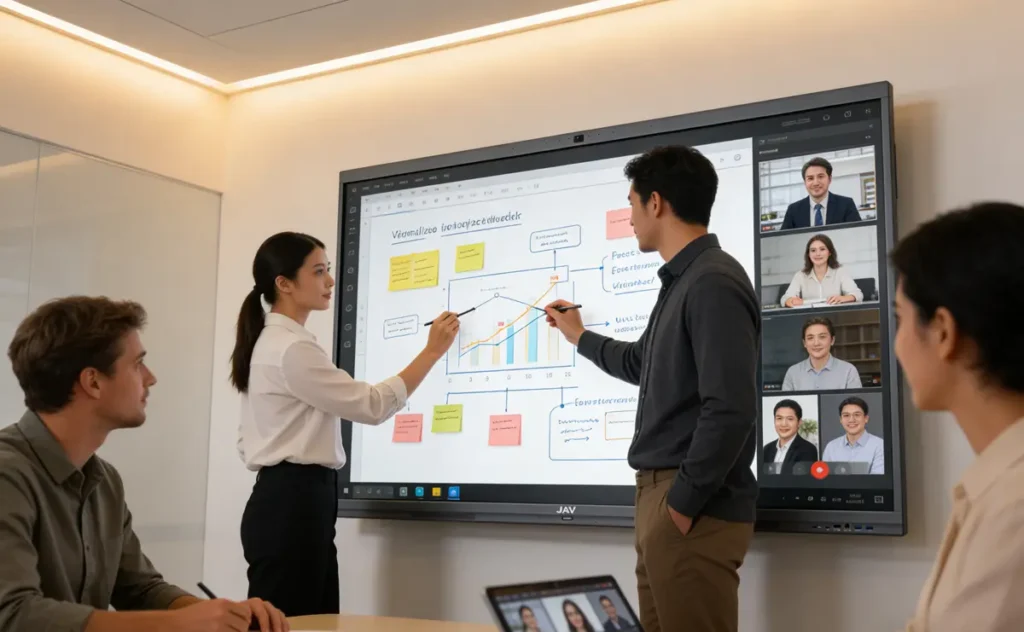 A modern corporate meeting room with professionals collaborating around a large interactive display. The screen shows brainstorming notes, diagrams, and project plans. Several team members are interacting with the touchscreen, pointing and writing ideas.
