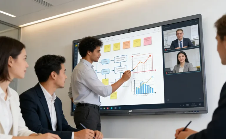 A modern corporate meeting room with professionals collaborating around a large interactive display. The screen shows brainstorming notes, diagrams, and project plans. Several team members are interacting with the touchscreen, pointing and writing ideas.
