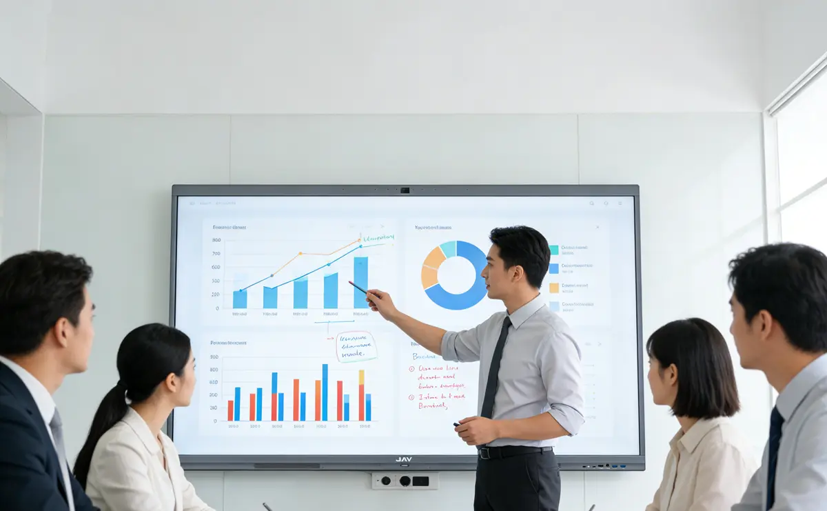 A modern business meeting room with a team collaborating around a large JAV Board 10 interactive display, people actively engaging, one person presenting while others interact with the screen, showing how to run an efficient meeting