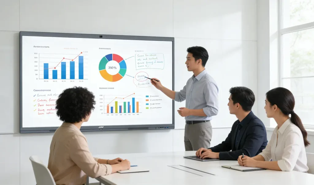 A modern business meeting room with a team collaborating around a large JAV Board 10 interactive display, people actively engaging, one person presenting while others interact with the screen, showing how to run an efficient meeting.