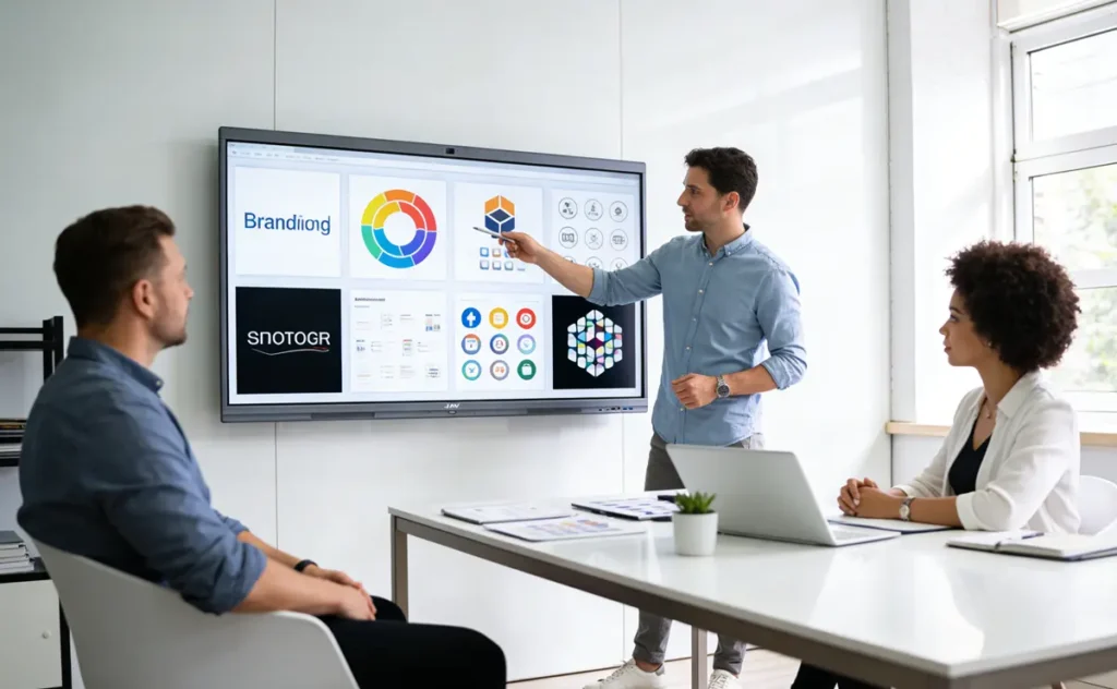 A modern creative agency meeting room, team presenting branding concepts using team collaboration tools on a large interactive display, designers collaborating and pointing at the screen