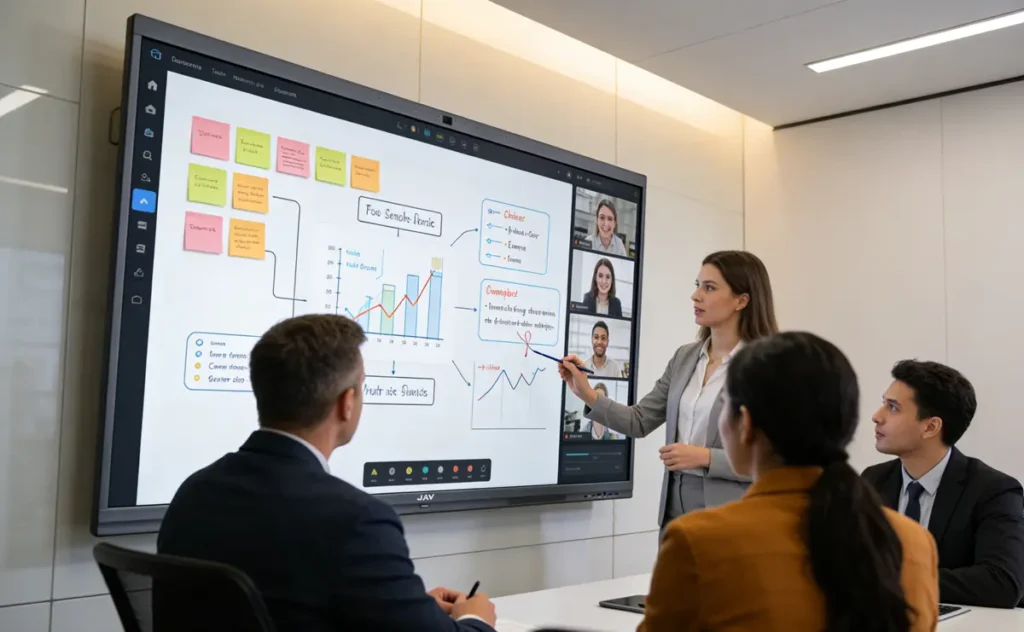 A modern meeting room with a large interactive display showing a visual collaboration workspace, multiple team members using visual collaboration tools for brainstorming.