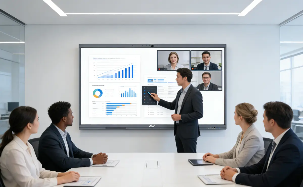 A modern corporate conference room with a large interactive display mounted on the wall, showing a live video conference with remote participants. Several professionals sit around the meeting table while one presenter interacts with the touchscreen display.