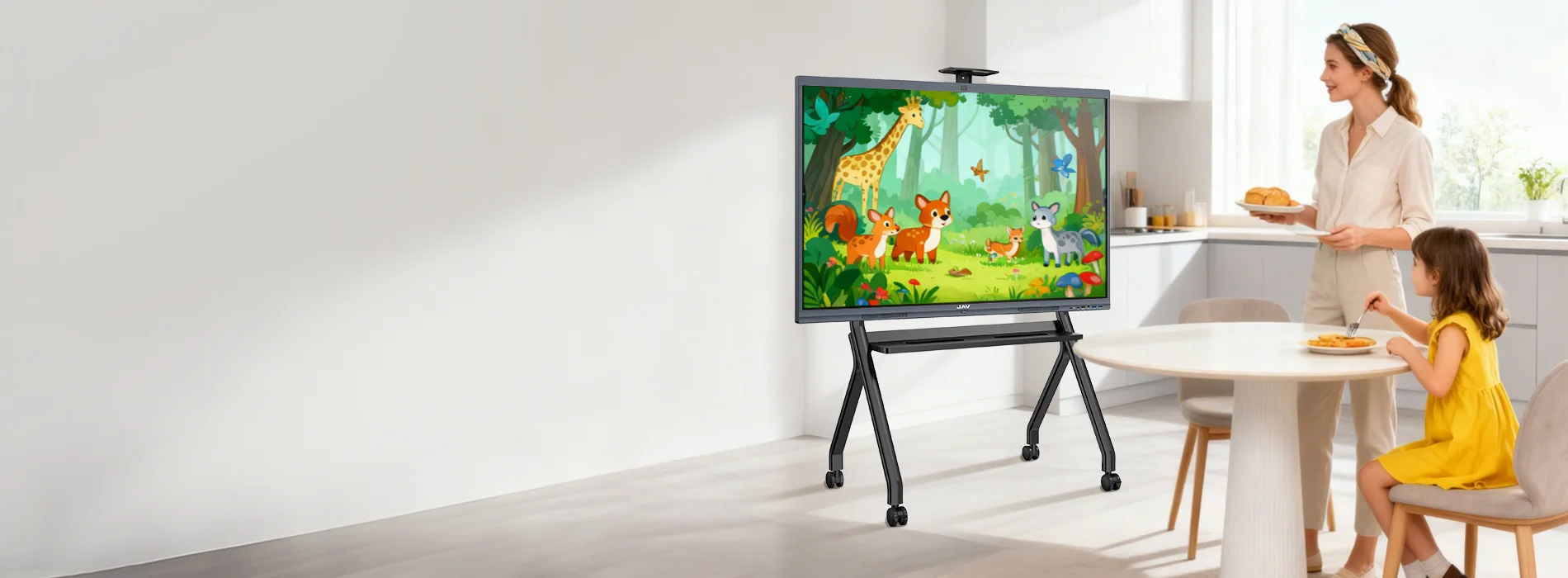 A family using JAV board 10 interactive whiteboard at home for learning at home