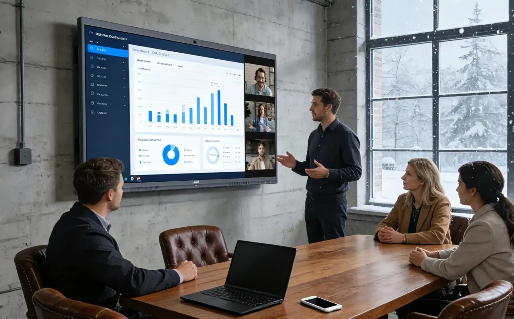 Business professionals in a hybrid meeting room using an interactive display for seamless communication and modern hybrid meeting solutions