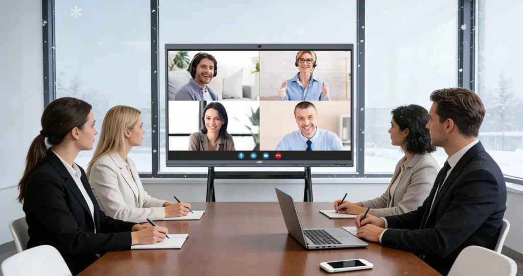 Team of professionals using an interactive display in a conference room for seamless hybrid meeting solutions