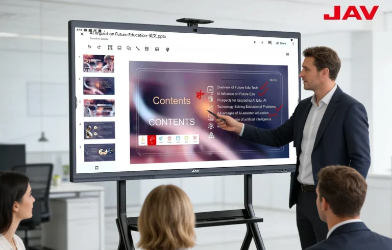 Business team using an interactive display as one of the dynamic presentation tools in a modern meeting room