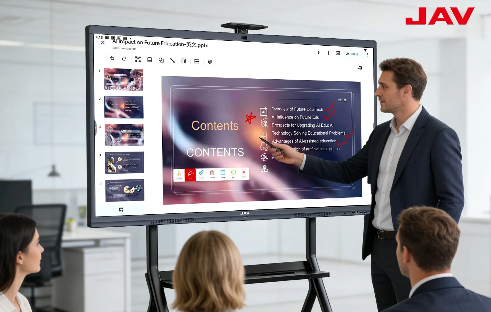 Business team using an interactive display as one of the dynamic presentation tools in a modern meeting room