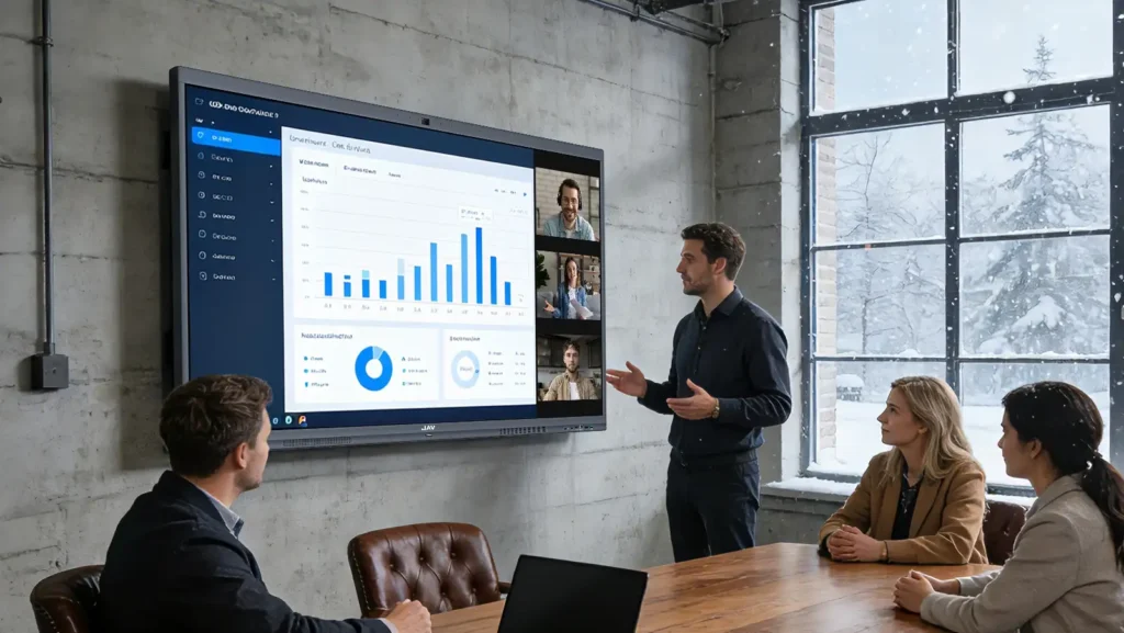 Hybrid team using interactive display as dynamic presentation tools to collaborate and share ideas in a meeting