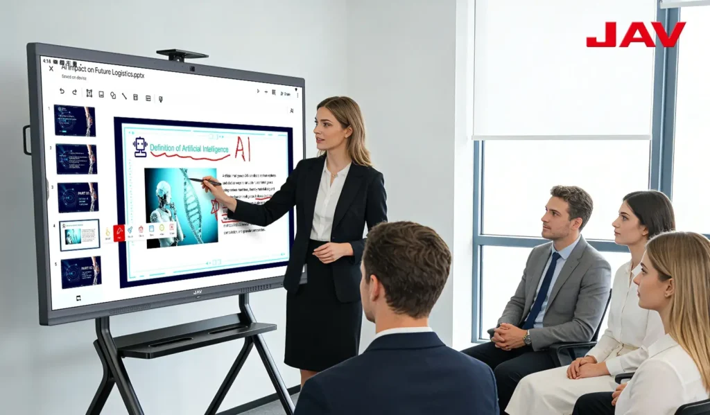 A presenter using JAV Board 10 Interactive Display as a dynamic presentation tool to engage audiences.