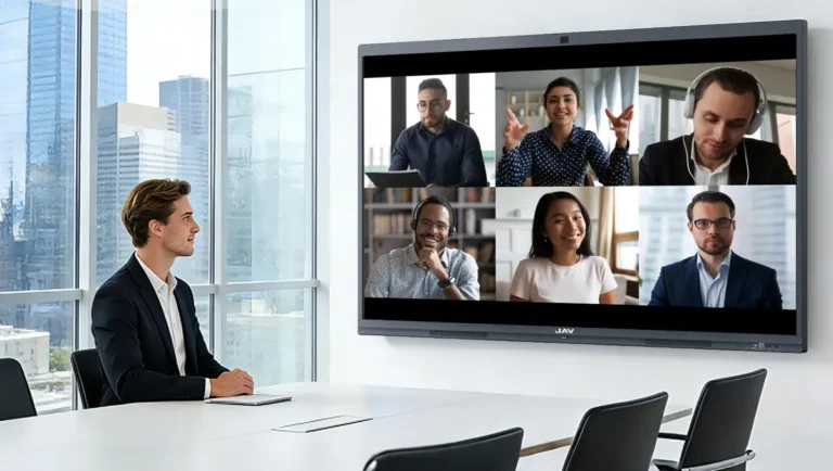 Professionals using an interactive whiteboard for conference room for a hybrid meeting.